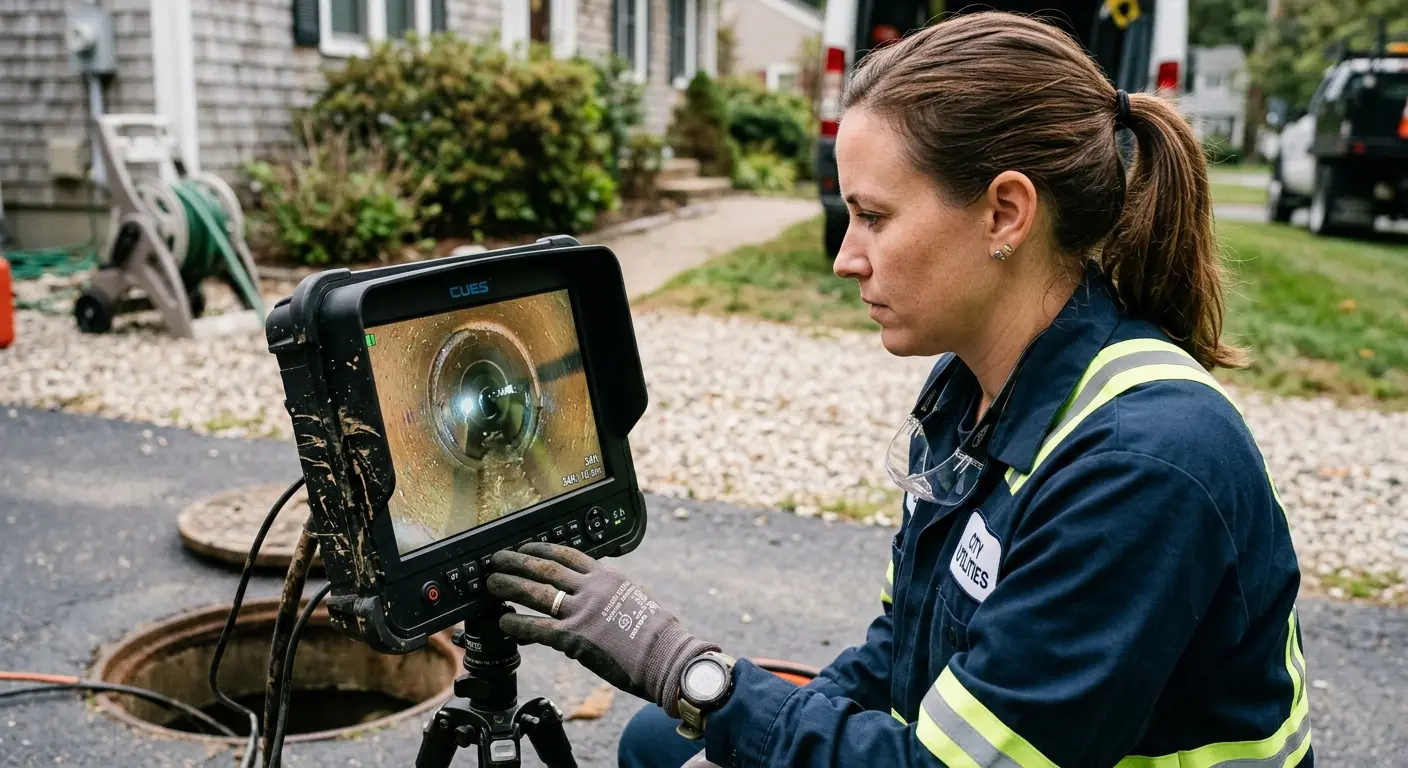 Technician reviewing sewer camera inspection footage in Madisonville
