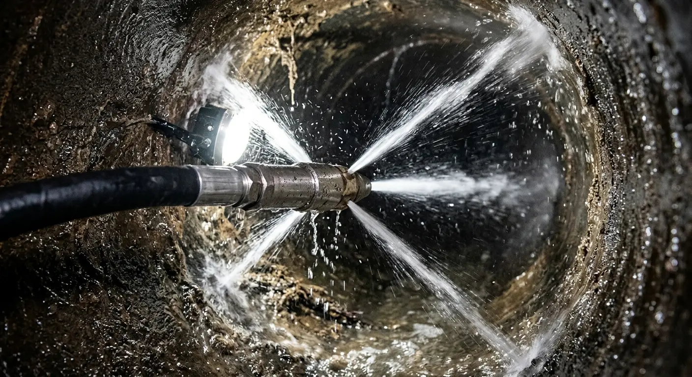 High-pressure hydro jetting nozzle cleaning sewer pipe for Emergency Drain Service in Madisonville
