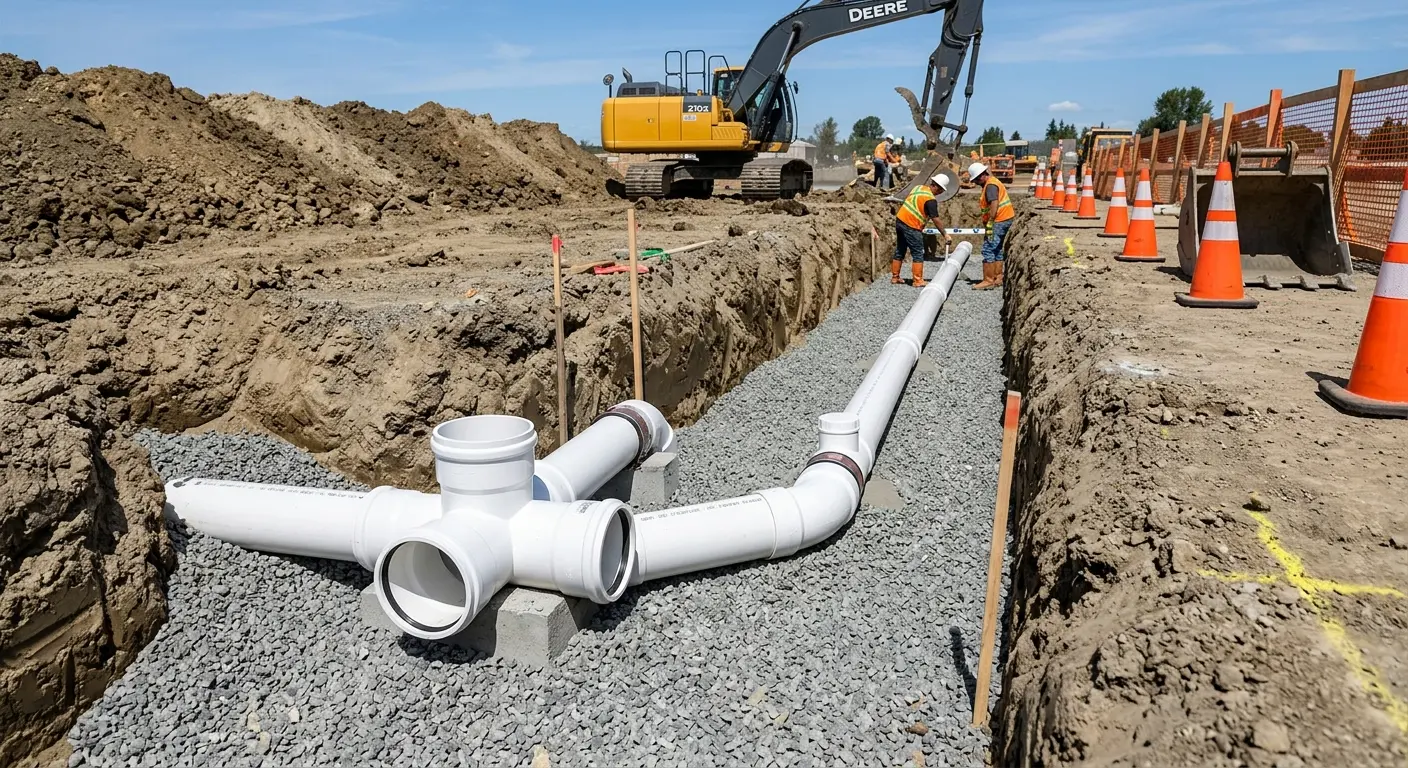 New PVC sewer pipe installation in open trench for Grease Trap Cleaning in Madisonville