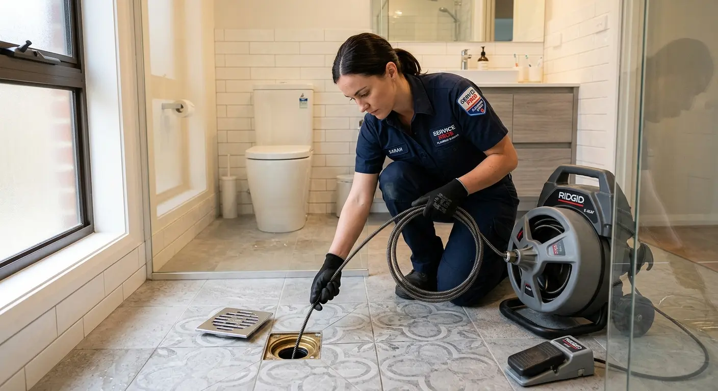 Technician clearing a bathroom floor drain for Drain Repair in Madisonville